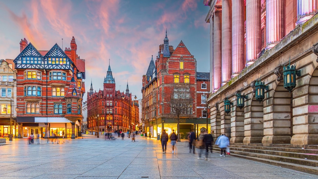 Downtown Nottingham city skyline at Old Market Square